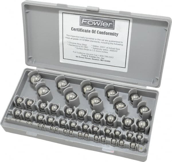 Fowler - 1/8 to 1 Inch Diameter, Chrome Steel, Gage Ball Set - 0.0001 Inch Tolerance, Grade 24 Accuracy, 63 RC Hardness, 26 Pairs - A1 Tooling