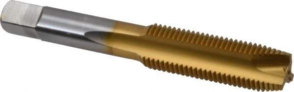 Hertel - M14x1.50 Metric Fine, 3 Flute, TiN Finish, High Speed Steel Spiral Point Tap - Plug Chamfer, Right Hand Thread, 3-19/32" OAL, 1-21/32" Thread Length, 0.429" Shank Diam - Exact Industrial Supply