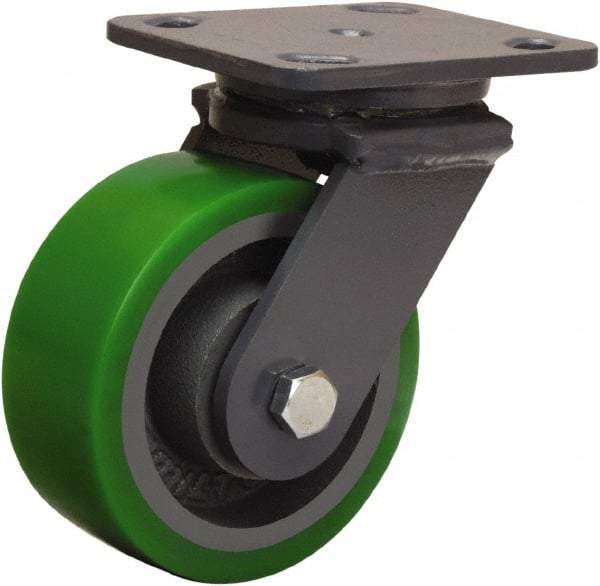 Hamilton - 5" Diam x 2" Wide x 6-1/2" OAH Top Plate Mount Swivel Caster - Polyurethane Mold onto Cast Iron Center, 1,050 Lb Capacity, Tapered Roller Bearing, 4 x 5" Plate - A1 Tooling