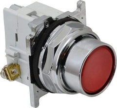 Eaton Cutler-Hammer - 30-1/2mm Mount Hole, Flush, Pushbutton Switch with Contact Block - Round, Red Pushbutton, Nonilluminated, Momentary (MO), Corrosion Resistant, Oiltight and Watertight - A1 Tooling