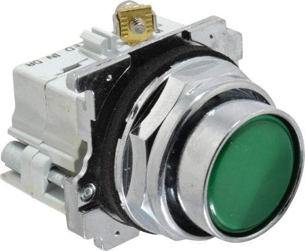 Eaton Cutler-Hammer - 30-1/2mm Mount Hole, Flush, Pushbutton Switch with Contact Block - Round, Green Pushbutton, Nonilluminated, Momentary (MO), Corrosion Resistant, Oiltight and Watertight - A1 Tooling