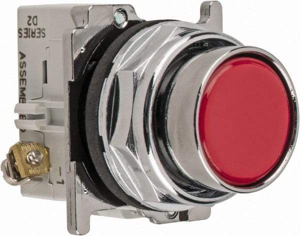 Eaton Cutler-Hammer - 30-1/2mm Mount Hole, Flush, Pushbutton Switch with Contact Block - Round, Red Pushbutton, Nonilluminated, Momentary (MO), Corrosion Resistant, Oiltight and Watertight - A1 Tooling