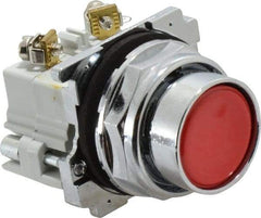 Eaton Cutler-Hammer - 30-1/2mm Mount Hole, Flush, Pushbutton Switch with Contact Block - Round, Red Pushbutton, Nonilluminated, Momentary (MO), Corrosion Resistant, Oiltight and Watertight - A1 Tooling