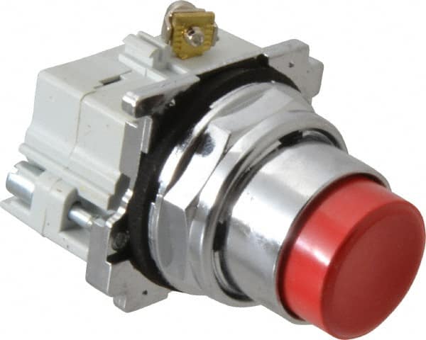 Eaton Cutler-Hammer - 30-1/2mm Mount Hole, Extended Straight, Pushbutton Switch with Contact Block - Round, Red Pushbutton, Nonilluminated, Momentary (MO), Corrosion Resistant, Oiltight and Watertight - A1 Tooling