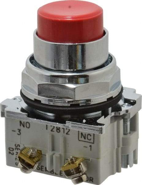 Eaton Cutler-Hammer - 30-1/2mm Mount Hole, Extended Straight, Pushbutton Switch with Contact Block - Round, Red Pushbutton, Nonilluminated, Momentary (MO), Corrosion Resistant, Oiltight and Watertight - A1 Tooling