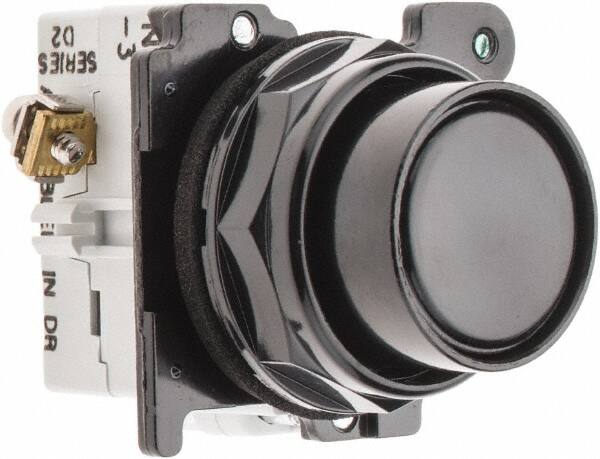 Eaton Cutler-Hammer - 30-1/2mm Mount Hole, Flush, Pushbutton Switch with Contact Block - Round, Black Pushbutton, Nonilluminated, Momentary (MO), Corrosion Resistant, Oiltight and Watertight - A1 Tooling