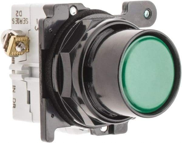 Eaton Cutler-Hammer - 30-1/2mm Mount Hole, Flush, Pushbutton Switch with Contact Block - Round, Green Pushbutton, Nonilluminated, Momentary (MO), Corrosion Resistant, Oiltight and Watertight - A1 Tooling