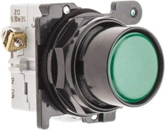 Eaton Cutler-Hammer - 30-1/2mm Mount Hole, Flush, Pushbutton Switch with Contact Block - Round, Green Pushbutton, Nonilluminated, Momentary (MO), Corrosion Resistant, Oiltight and Watertight - A1 Tooling