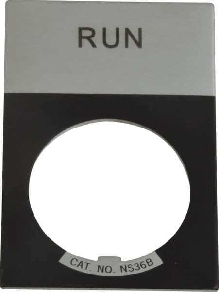 Eaton Cutler-Hammer - Rectangular, Aluminum Legend Plate - Run - Silver Background, Black Letters, 22-1/2mm Hole Diameter, 1.17 Inch Wide x 1.77 Inch High - A1 Tooling