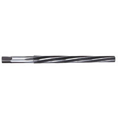 #7 Pin 0.3297″ Small End/0.422″ Large End Spiral Flute High Speed Steel Taper Pin Reamer Uncoated, 4-7/16″ Flute Length, 6-5/16″ OAL, 6 Flutes, 13/32″ Diam Straight-Cylindrical Shank, LH Spiral, RH Cut