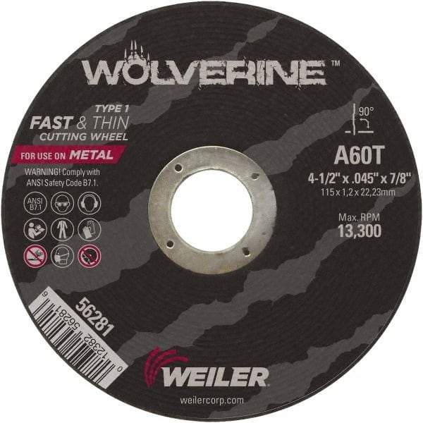 Weiler - 4-1/2" 60 Grit Aluminum Oxide Cutoff Wheel - 0.045" Thick, 7/8" Arbor, 13,300 Max RPM, Use with Angle Grinders - A1 Tooling