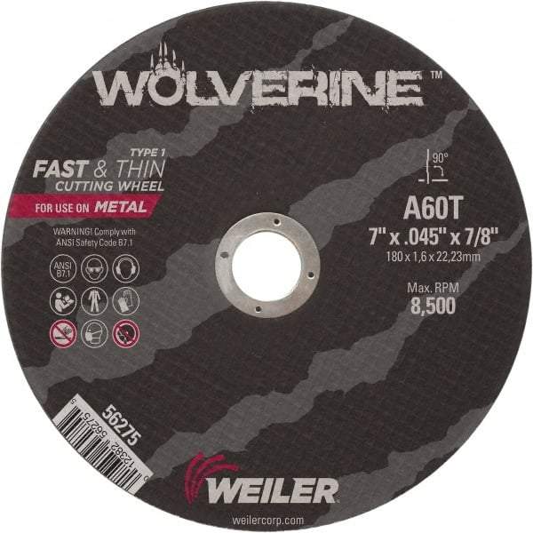 Weiler - 7" 60 Grit Aluminum Oxide Cutoff Wheel - 0.045" Thick, 7/8" Arbor, 8,500 Max RPM, Use with Angle Grinders - A1 Tooling