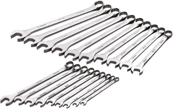 SK - 19 Piece, 6mm to 24mm, 12 Point Combination Wrench Set - Metric Measurement Standard, Full Polish Chrome Finish, Comes in Roll-Up Pouch - A1 Tooling