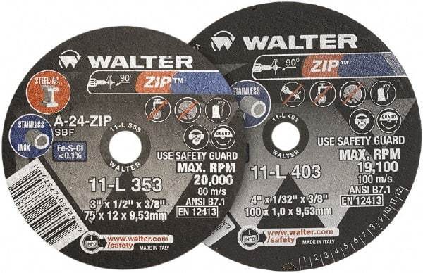 WALTER Surface Technologies - 4" 24 Grit Aluminum Oxide Cutoff Wheel - 1/16" Thick, 3/8" Arbor, 19,100 Max RPM, Use with Die Grinders - A1 Tooling