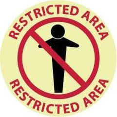 NMC - Restricted Area - Restricted Area, Anti-Skid Polyester Floor Sign - Round, Red & Black on Yellow (Glow), Adhesive Backed, For Security & Admittance - A1 Tooling