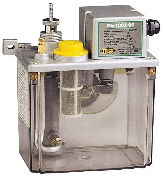 Trico - 2 L Reservoir Capacity, 3 - 6 cm Output per Cycle, 3 - 6 cm Output per Hour, Electric Central Lubrication System - 60 Min Interval Between Cycles, 130mm Wide x 225mm High, 110 Volts, Oil, 5/16-24 Outlet Thread - A1 Tooling