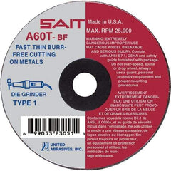 Sait - 4" 60 Grit Aluminum Oxide Cutoff Wheel - 0.035" Thick, 1/4" Arbor, 19,000 Max RPM, Use with Die Grinders - A1 Tooling