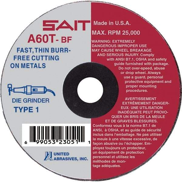 Sait - 3" 60 Grit Aluminum Oxide Cutoff Wheel - 1/16" Thick, 1/4" Arbor, 25,000 Max RPM, Use with Die Grinders - A1 Tooling