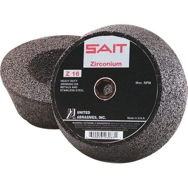 Sait - 6" Diam x 2" Thick, R Hardness, 16 Grit Surface Grinding Wheel - Zirconia Alumina, Type 11, Very Coarse Grade, 6,050 Max RPM, Resinoid Bond - A1 Tooling