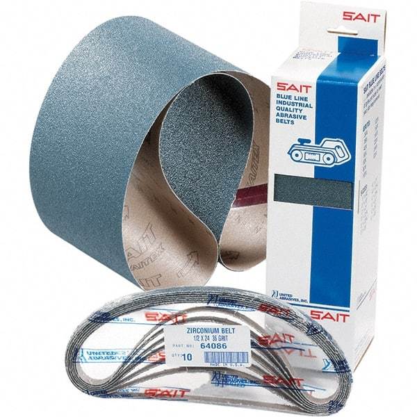 Sait - 1/2" Wide x 12" OAL, 60 Grit, Zirconia Alumina Abrasive Belt - Zirconia Alumina, Medium, Coated, H Weighted Cloth Backing - A1 Tooling