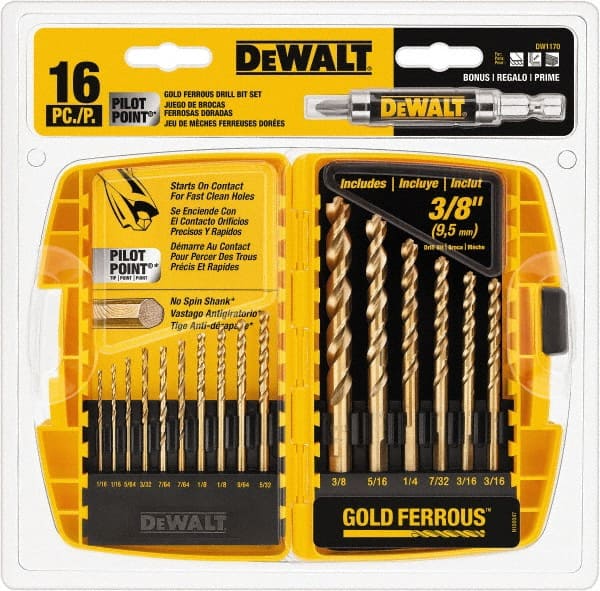 DeWALT - 1/16 to 3/8", 135° Point, Gold Ferrous Oxide Finish, High Speed Steel Maintenance Length Drill Bit Set - A1 Tooling