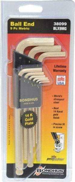 Bondhus - 9 Piece L-Key Ball End Hex Key Set - Hex Range 1.5 to 10mm, Steel - A1 Tooling