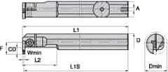 Kennametal - A-A4E, Internal, Right Hand, 10mm Max Depth of Cut, 4mm Min Groove Width, Indexable Grooving Tool Holder - A4..04.. Insert Compatibility, 63/64" Shank Width, 200mm OAL, Through Coolant - A1 Tooling