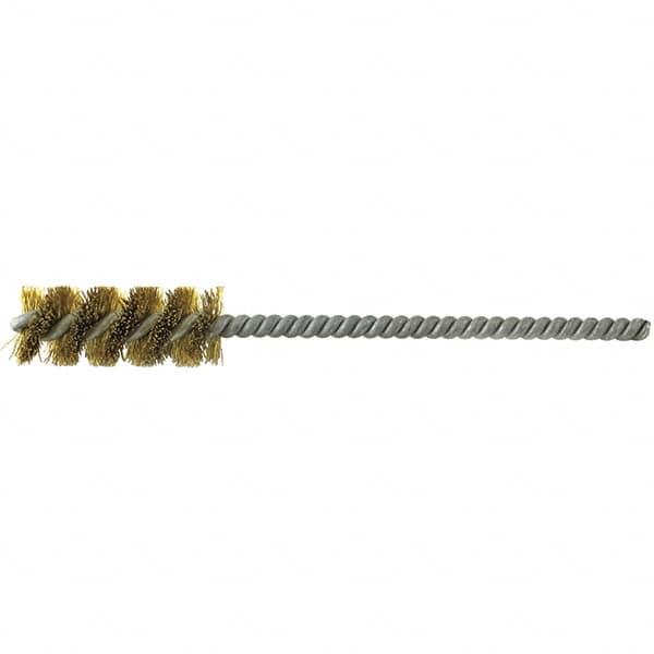 Brush Research Mfg. - 9/16" Diam Helical Brass Tube Brush - Single Spiral, 0.005" Filament Diam, 1-1/2" Brush Length, 5" OAL, 0.19" Diam Galvanized Steel Shank - A1 Tooling