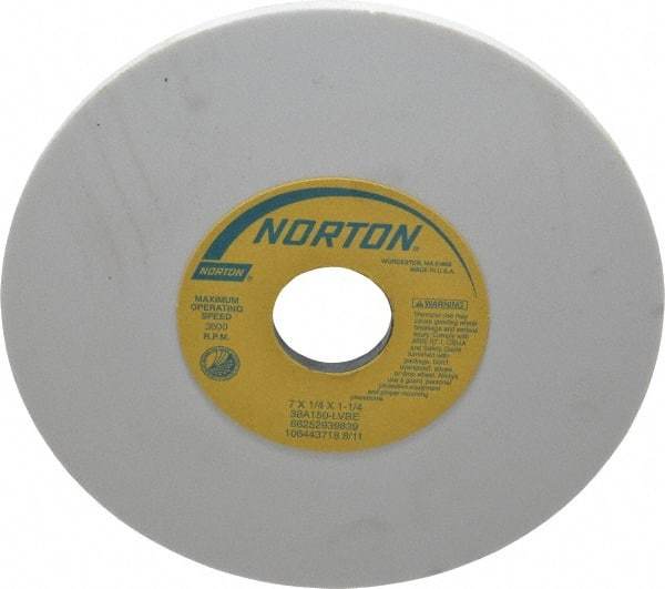 Norton - 7" Diam x 1-1/4" Hole x 1/4" Thick, L Hardness, 150 Grit Surface Grinding Wheel - Aluminum Oxide, Type 1, Very Fine Grade, 3,600 Max RPM, Vitrified Bond, No Recess - A1 Tooling