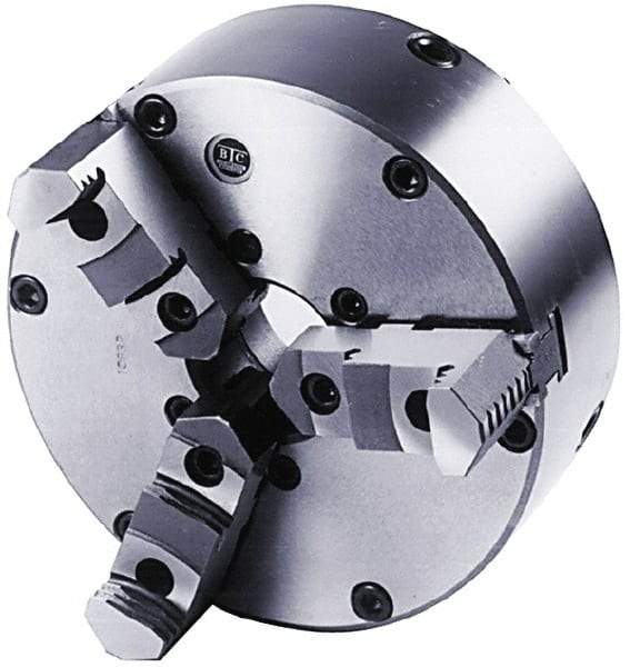 BTC - 3 Jaws, 8" Diam, Self Centering Manual Lathe Chuck - Plain Back Mount Spindle, Adjustable, Reversible, 3,100 Max RPM, 2.264" Through Hole Diam, Cast Iron - A1 Tooling