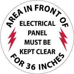 NMC - Area in Front of Electrical Panel Must Be Kept Clear for 36 Inches, Anti-Skid Pressure-Sensitive Vinyl Floor Sign - Round, Black & Red on White, Adhesive Backed, For Accident Prevention - A1 Tooling