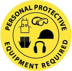 NMC - Personal Protective Equipment Required, Anti-Skid Pressure-Sensitive Vinyl Floor Sign - Round, Black on Yellow, Adhesive Backed, For Accident Prevention - A1 Tooling