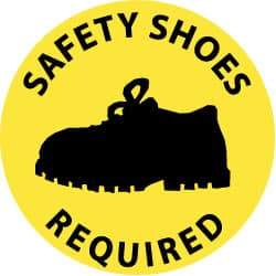 NMC - Safety Shoes Required, Anti-Skid Pressure-Sensitive Vinyl Floor Sign - Round, Black on Yellow, Adhesive Backed, For Accident Prevention - A1 Tooling