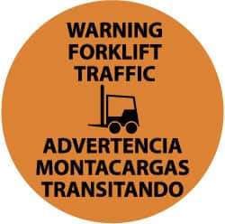 NMC - Warning Forklift Traffic, Anti-Skid Pressure-Sensitive Vinyl Floor Sign - Round, Black on Orange, Adhesive Backed, For Accident Prevention - A1 Tooling