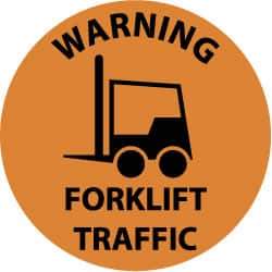 NMC - Warning Forklift Traffic, Anti-Skid Pressure-Sensitive Vinyl Floor Sign - Round, Black on Orange, Adhesive Backed, For Accident Prevention - A1 Tooling