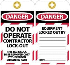 NMC - 3" High x 6" Long, DO NOT OPERATE CONTRATOR LOCK OUT, English Safety & Facility Lockout Tag - Tag Header: Danger, 2 Sides, Black, Red & White Unrippable Vinyl - A1 Tooling