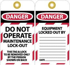 NMC - 3" High x 6" Long, DO NOT OPERATE MAINTENANCE LOCKOUT, English Safety & Facility Lockout Tag - Tag Header: Danger, 2 Sides, Black, Red & White Unrippable Vinyl - A1 Tooling