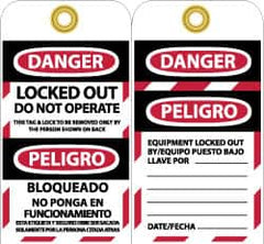 NMC - 3" High x 6" Long, DANGER - LOCKED OUT - DO NOT OPERATE - THIS TAG & LOCK TO BE REMOVED ONLY BY THE PERSON SHOWN ON BACK, English & Spanish Safety & Facility Lockout Tag - Tag Header: Danger, 2 Sides, Black, Red & White Vinyl - A1 Tooling