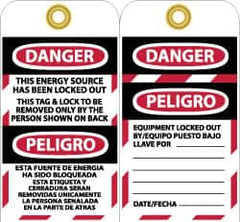 NMC - 3" High x 6" Long, DANGER - THIS ENERGY SOURCE HAS BEEN LOCKED OUT - THIS TAB & LOCK TO BE REMOVED ONLY BY THE PERSON SHOWN ON BACK, English & Spanish Safety & Facility Lockout Tag - Tag Header: Danger, 2 Sides, Black, Red & White Vinyl - A1 Tooling