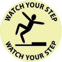 NMC - Watch Your Step - Watch Your Step, Anti-Skid Polyester Floor Sign - Round, Black on Yellow (Glow), Adhesive Backed, For Accident Prevention - A1 Tooling