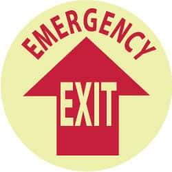 NMC - Emergency Exit, Anti-Skid Polyester Floor Sign - Round, Red on Glow (Yellow), Adhesive Backed, For Exit, Entrance & Directional - A1 Tooling