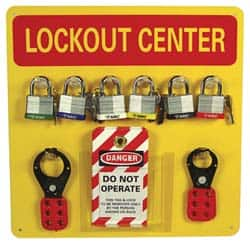 NMC - 10 Piece, Equipped Plexiglass Tag and Padlock / Hasp Station - 14 Inch Wide x 14 Inch High x 1-3/8 Inch Deep, Yellow - A1 Tooling