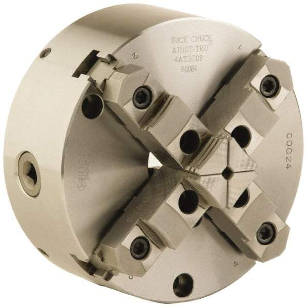 Buck Chuck Company - 4 Jaws, 6" Diam, Self Centering Manual Lathe Chuck - Front Mount, Adjustable, Reversible, 4,600 Max RPM, 1.78" Through Hole Diam, Forged Steel - A1 Tooling