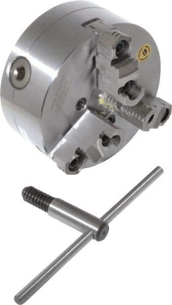 Bison - 3 Jaws, 6" Diam, Self Centering Manual Lathe Chuck - D1-4 Mount Spindle, Reversible, 4,500 Max RPM, 1.6535" Through Hole Diam, 0.0008" Axial Runout, 0.0012" Radial Runout, Forged Steel - A1 Tooling