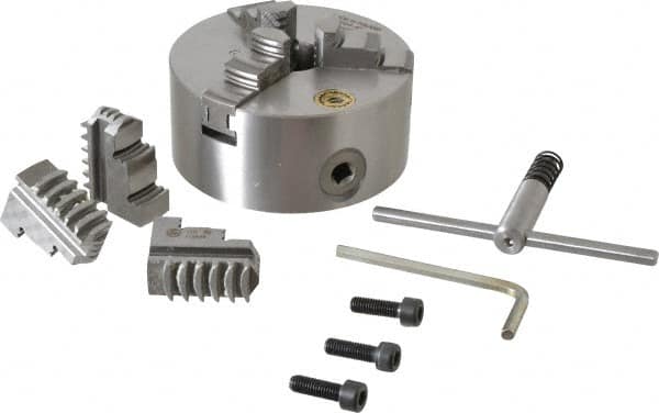 Bison - 3 Jaws, 5" Diam, Self Centering Manual Lathe Chuck - Plain Back Mount Spindle, 3,200 Max RPM, 1.2598" Through Hole Diam, 0.0008" Axial Runout, 0.0012" Radial Runout, Cast Iron - A1 Tooling