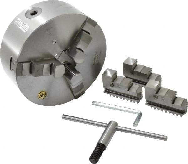 Bison - 3 Jaws, 8" Diam, Self Centering Manual Lathe Chuck - Plain Back Mount Spindle, 2,500 Max RPM, 2.1653" Through Hole Diam, 0.001" Axial Runout, 0.0016" Radial Runout, Cast Iron - A1 Tooling