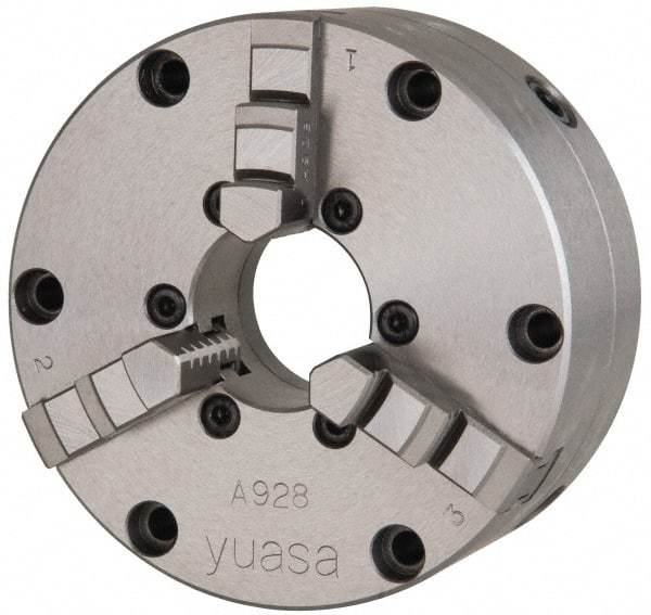 Yuasa - 3 Jaws, 4" Diam, Self Centering Manual Lathe Chuck - Plain Back Mount Spindle, Adjustable, 1.2598" Through Hole Diam, 0.0005" Axial Runout, Cast Iron - A1 Tooling