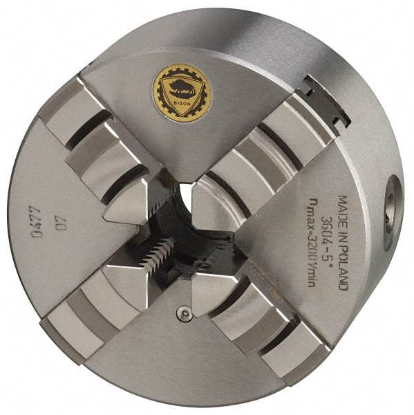 Bison - 4 Jaws, 6" Diam, Self Centering Manual Lathe Chuck - Plain Back Mount Spindle, 3,000 Max RPM, 1.6535" Through Hole Diam, 0.0008" Axial Runout, 0.0012" Radial Runout, Cast Iron - A1 Tooling