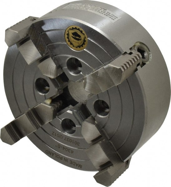 Independent Manual Lathe Chuck: 4-Jaw,  5″ Dia Plain Back Mount, 3,500 Max RPM