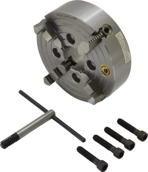 Bison - 4 Jaws, 6" Diam, Independent Manual Lathe Chuck - Plain Back Mount Spindle, Reversible, 3,200 Max RPM, 1.6535" Through Hole Diam, Cast Iron - A1 Tooling